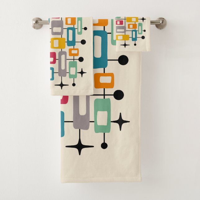 Colourful Retro Mid Century Modern Atomic Abstract Bath Towel Set (Insitu)