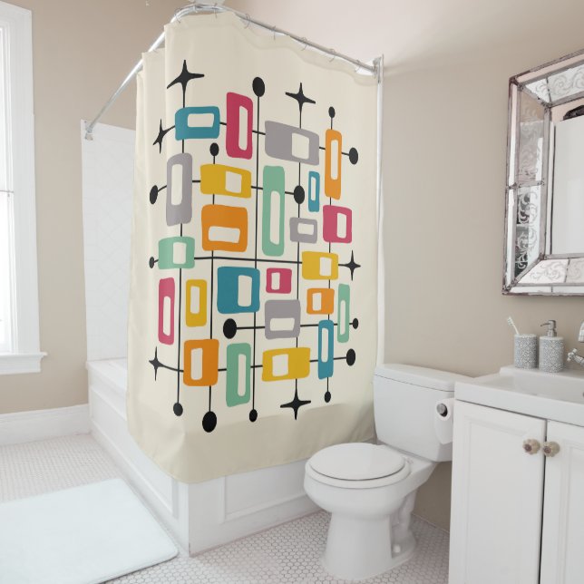 Colourful Retro Mid Century Modern Atomic Abstract Shower Curtain (In Situ)