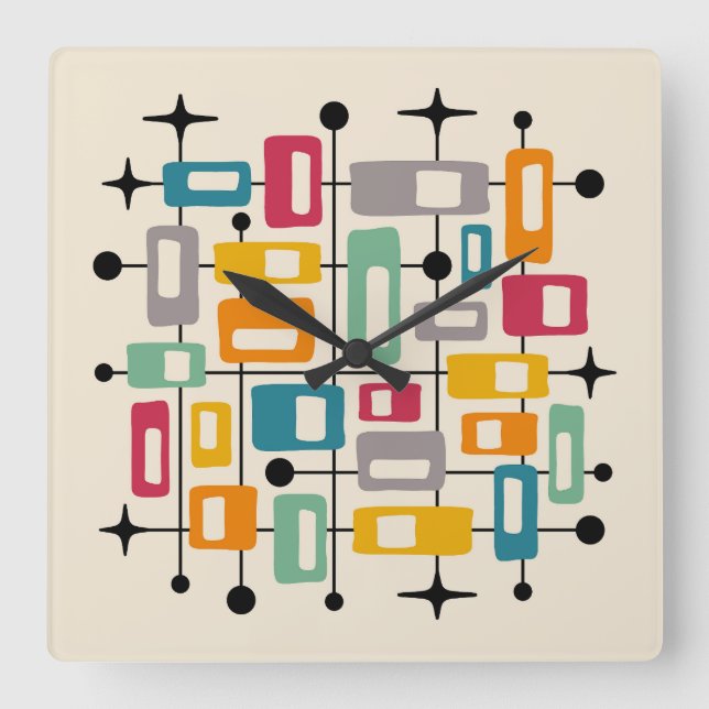Colourful Retro Mid Century Modern Atomic Abstract Square Wall Clock (Front)