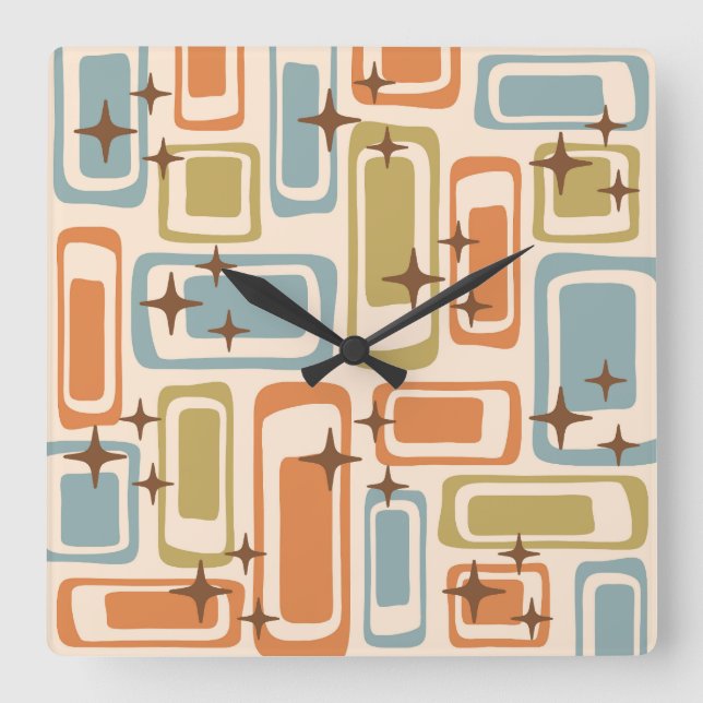 Colourful Retro Mid Century Modern Atomic Abstract Square Wall Clock (Front)