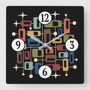 Colourful Retro Mid Century Modern Atomic Abstract Square Wall Clock