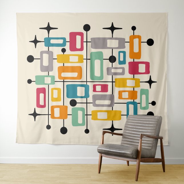 Colourful Retro Mid Century Modern Atomic Abstract Tapestry (In Situ (Horizontal))