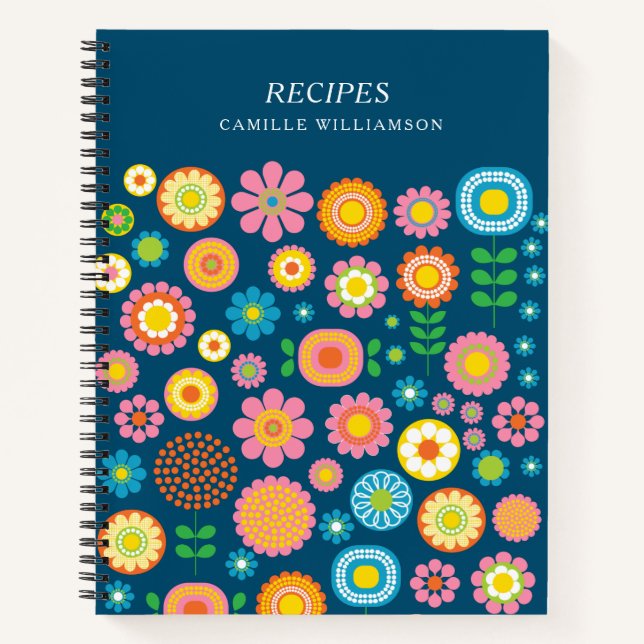 Colourful Retro Mod Geometric Flowers Custom Recip Notebook (Front)