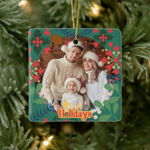 Colourful retro modern Christmas botanical  Ceramic Ornament