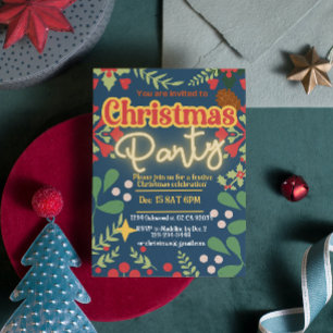Colourful retro modern Christmas botanical Invitation