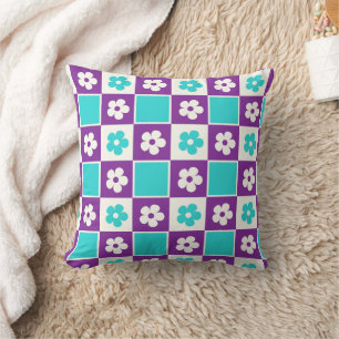 Colourful Retro Modern Purple & Teal Chequerboard Cushion