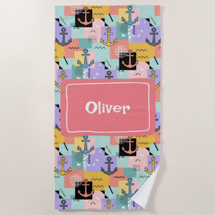 Colourful Retro Nautical Anchor Pattern Beach Towel