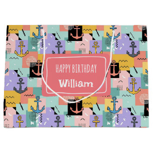 Colourful Retro Nautical Anchor Pattern Large Gift Bag