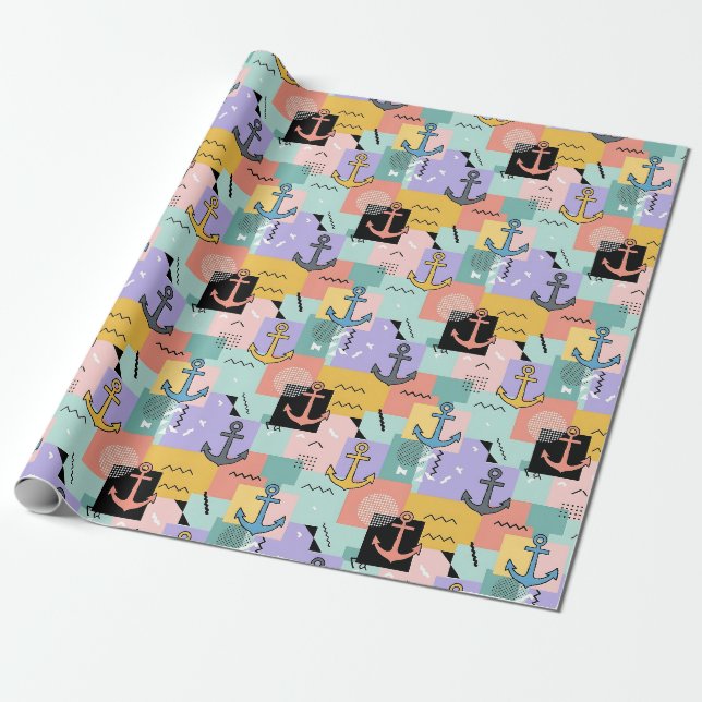 Colourful Retro Nautical Anchor Pattern Wrapping Paper (Unrolled)