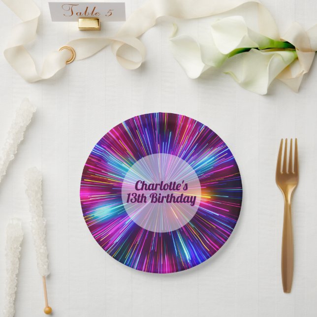Colourful Retro Neon Glowing Pink Purple Lights Paper Plate (Wedding)