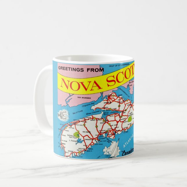 Colourful Retro Nova Scotia Map Mug (Front Left)