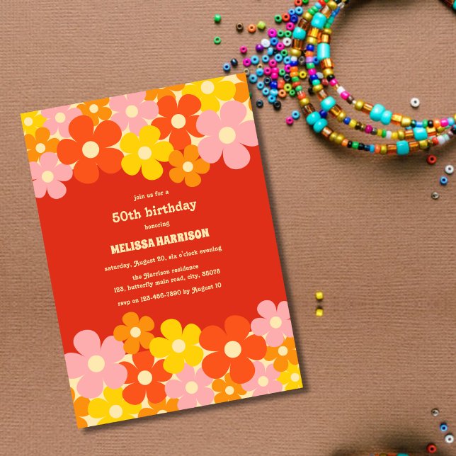Colourful Retro  Orange Boho Flower 50th Birthday Invitation (Creator Uploaded)