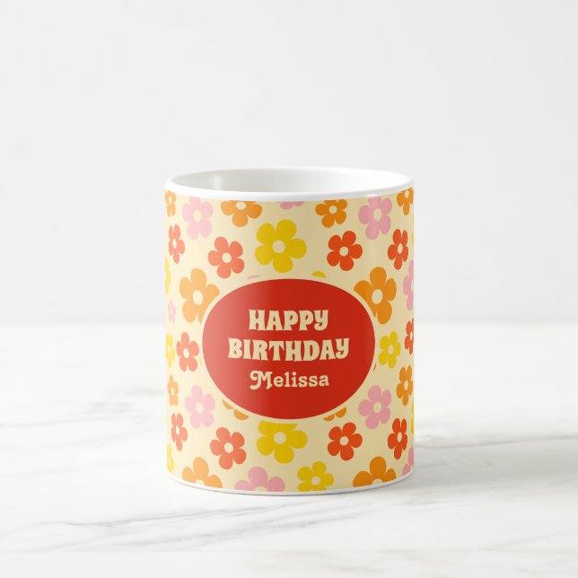 Colourful Retro Orange Boho Flower Happy Birthday  Coffee Mug (Center)