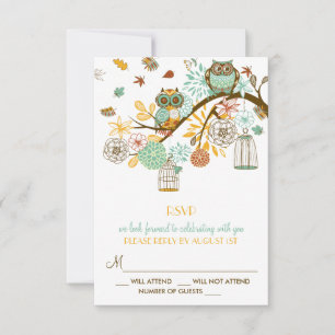 Colourful Retro Owls Fall Wedding RSVP Card