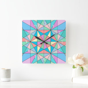 Colourful retro Pastel Mosaic Triangle Star Patter Square Wall Clock