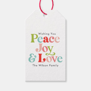 Colourful Retro Peace Joy & Love Christmas Family Gift Tags