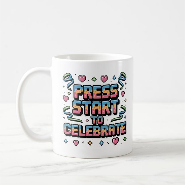 Colourful Retro Pixel Press Start Gamer Celebratio Coffee Mug (Left)
