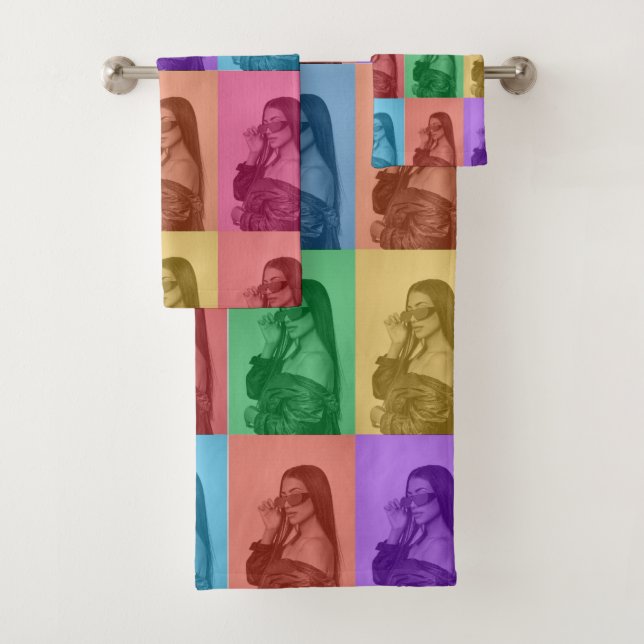 Colourful Retro Pop Art Modern Custom Photo Grid Bath Towel Set (Insitu)