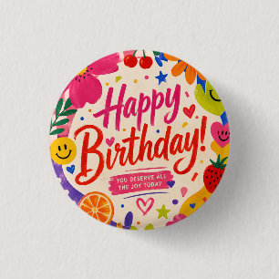 Colourful Retro Pop Birthday Greeting with Flowers 3 Cm Round Badge