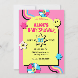 Colourful retro pop fun baby shower invitation