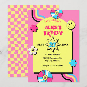 Colourful retro pop fun pastel birthday invitation