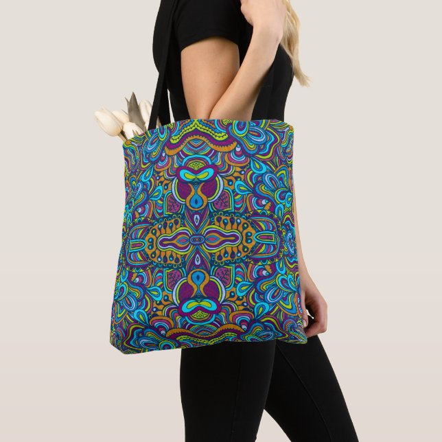 Colourful Retro Psychedelic Abstract Swirls Tote Bag (Close Up)