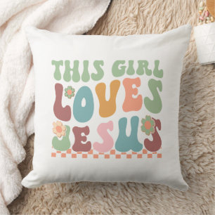 Colourful Retro Quote This Girl Loves Jesus Cushion