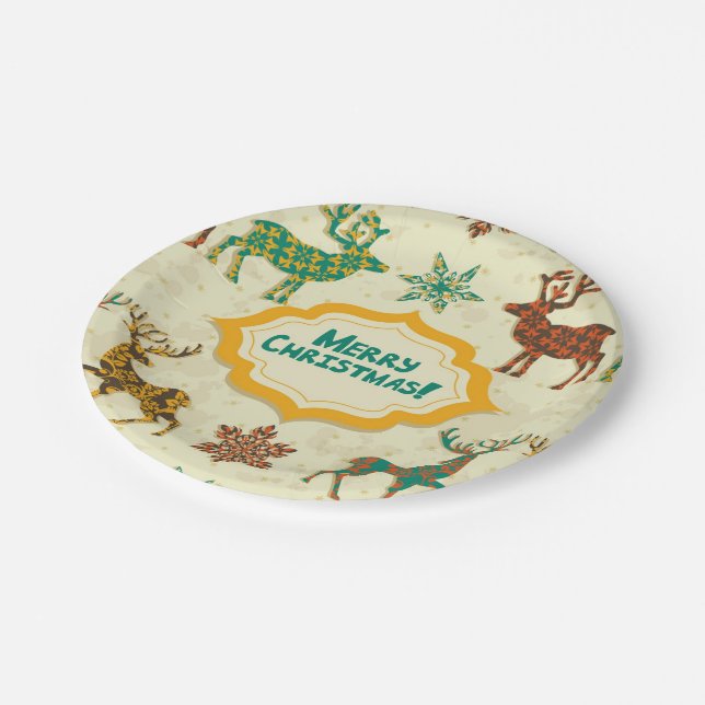 Colourful Retro Rain-Deer Merry Christmas Paper Plate (Angled)