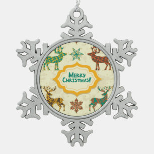 Colourful Retro Rain-Deer Merry Christmas Snowflake Pewter Christmas Ornament
