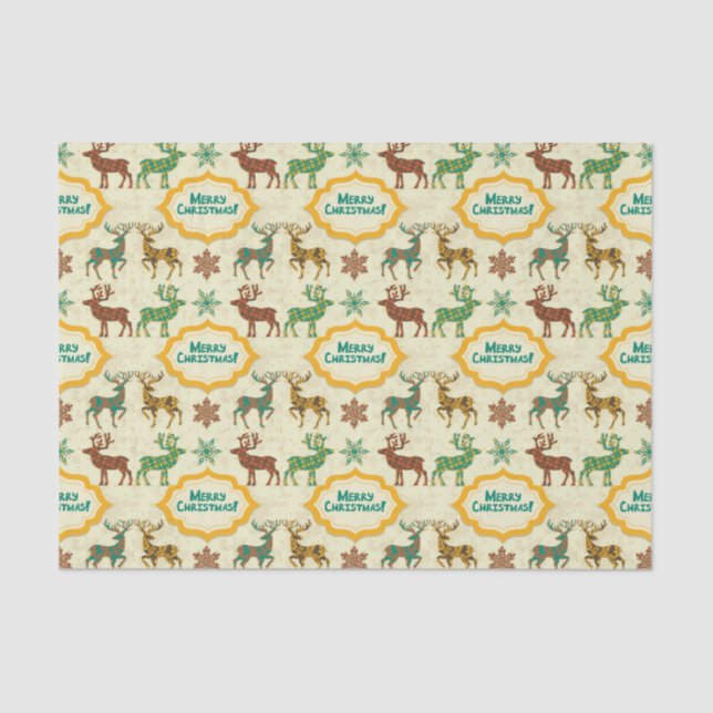 Colourful Retro Rain-Deer Merry Christmas Tissue Paper (Front)