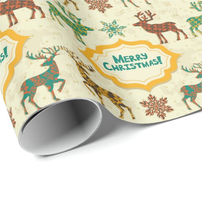 Colourful Retro Rain-Deer Merry Christmas Wrapping Paper (Roll Corner)