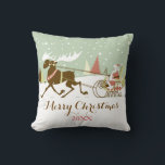 Colourful Retro Rain Deer & Santa Cushion<br><div class="desc">Cute romantic colourful retro christmas illustration with rain deer and santa rushing true the snow. Pastel green white brown and coral red tones. Customisable text.</div>