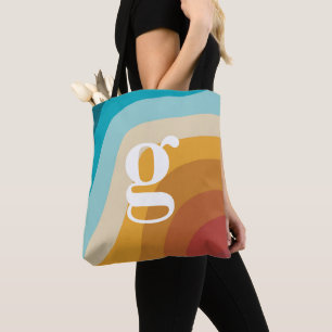 Colourful Retro Rainbow Abstract Waves Monogram Tote Bag