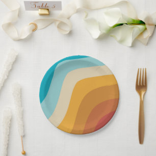 Colourful Retro Rainbow Abstract Waves Paper Plate
