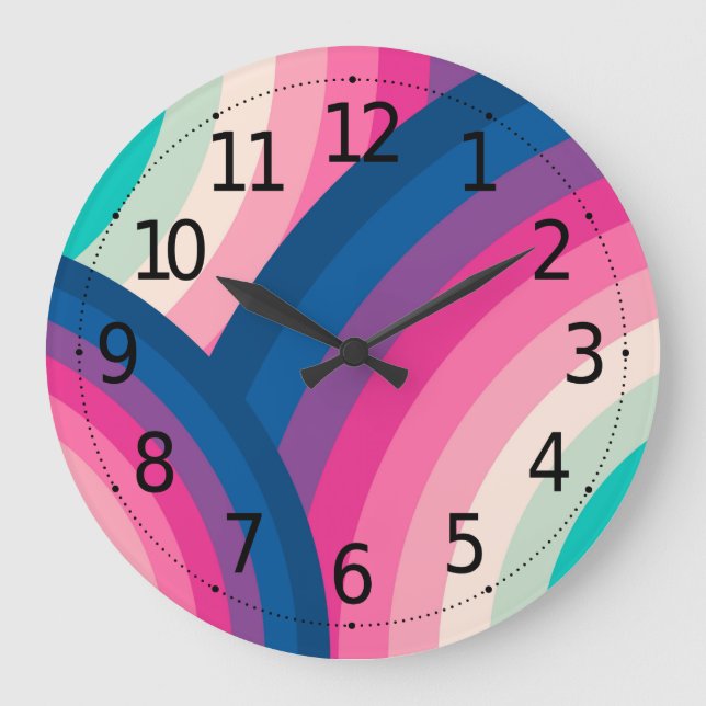 Colourful Retro Rainbow Circles Pattern | Large Clock (Front)