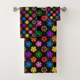 Colourful Retro Rainbow Flowers Design Black Bath Towel Set