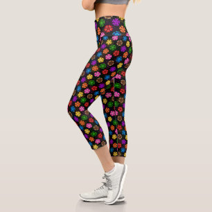 Colourful Retro Rainbow Flowers Design Black Capri Leggings