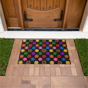 Colourful Retro Rainbow Flowers Design Black Doormat