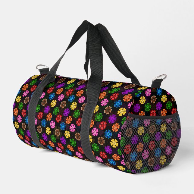 Colourful Retro Rainbow Flowers Design Black  Duffle Bag (Right Corner)