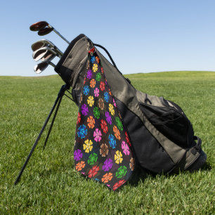 Colourful Retro Rainbow Flowers Design Black  Golf Towel