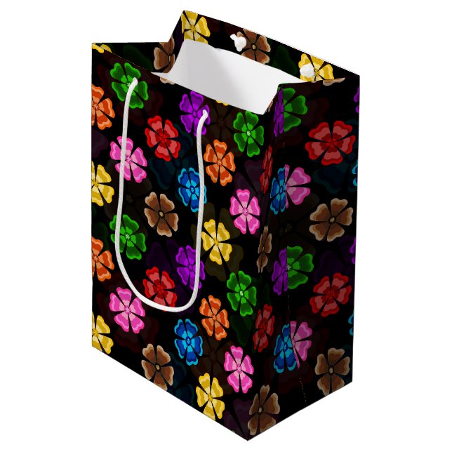 Colourful Retro Rainbow Flowers Design Black  Medium Gift Bag (Front Angled)