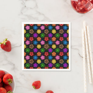 Colourful Retro Rainbow Flowers Design Black Napkin