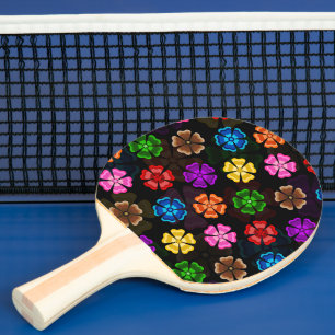 Colourful Retro Rainbow Flowers Design Black Ping Pong Paddle