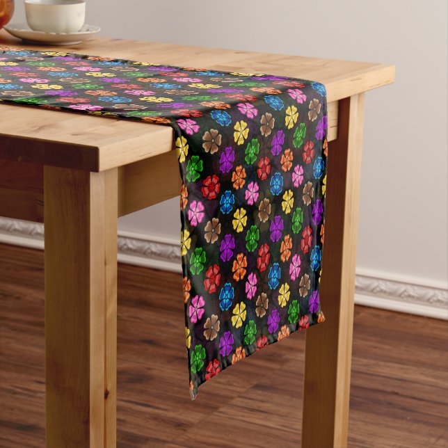 Colourful Retro Rainbow Flowers Design Black  Short Table Runner (In Situ)