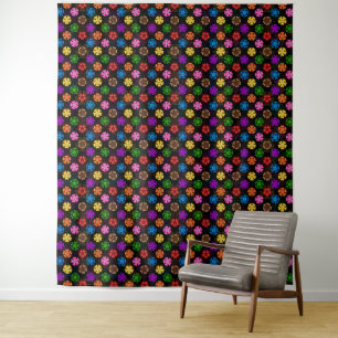 Colourful Retro Rainbow Flowers Design Black Tapestry