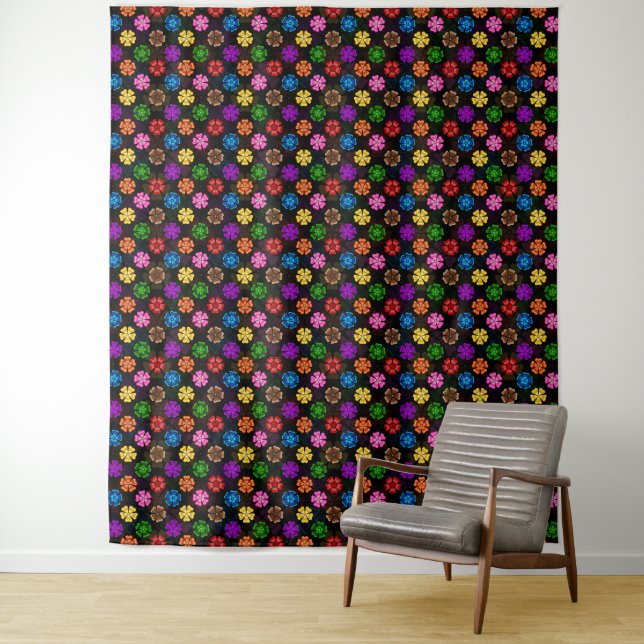 Colourful Retro Rainbow Flowers Design Black  Tapestry (In Situ)