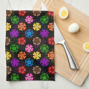 Colourful Retro Rainbow Flowers Design Black Tea Towel