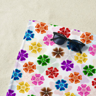 Colourful Retro Rainbow Flowers Design White Beach Towel