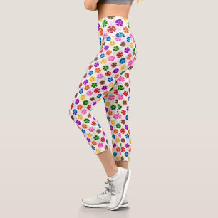 Colourful Retro Rainbow Flowers Design White Capri Leggings