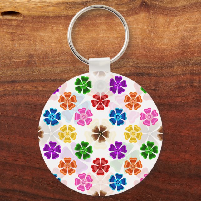 Colourful Retro Rainbow Flowers Design White  Key Ring (Back)